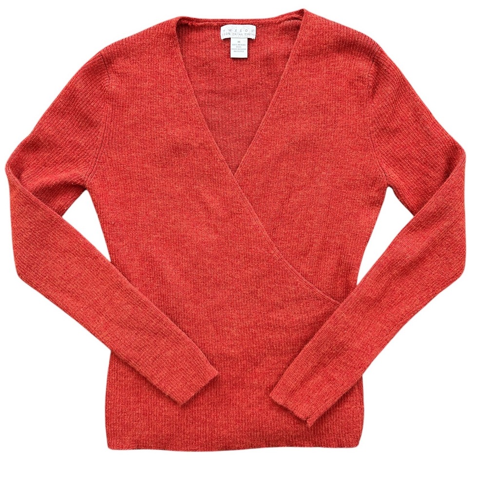 Tweeds Wrap Sweater Womens M Orange Excellent 100% Merino Wool Ribbed V-Neck